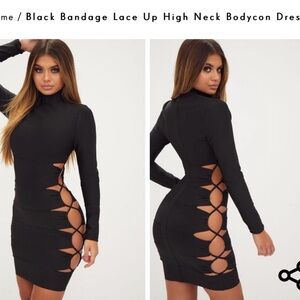 PrettyLittleThing Black Lace-Up Long Sleeve Dress